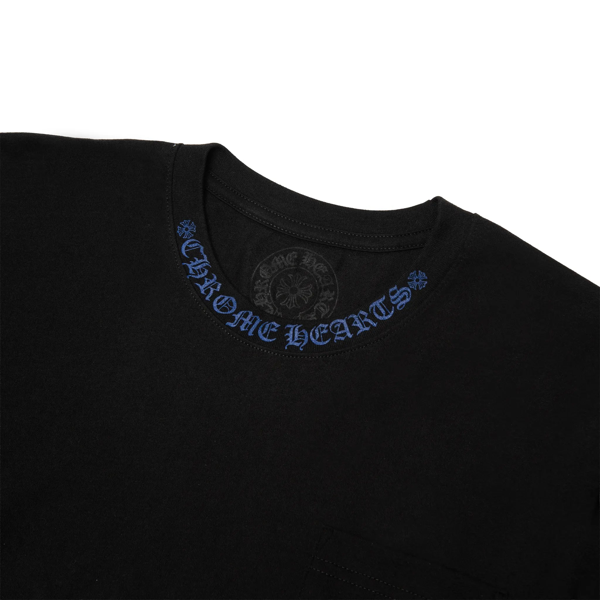 Neck View of Chrome Hearts 1988 Neck Logo Black Blue Pocket T Shirt